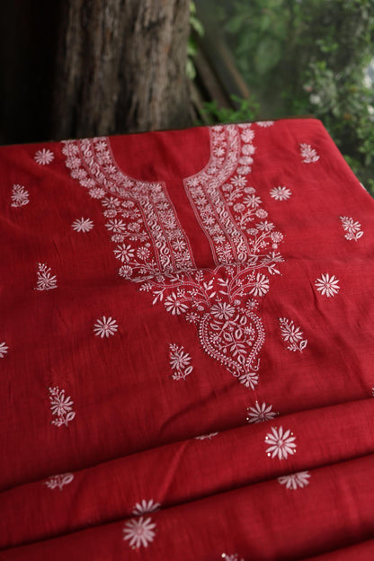 Persian Red Shade Mal Cotton Fine Chikankari Unstitched Fabric