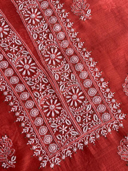 Persian Red Shade Mal Cotton Fine Chikankari Unstitched Fabric