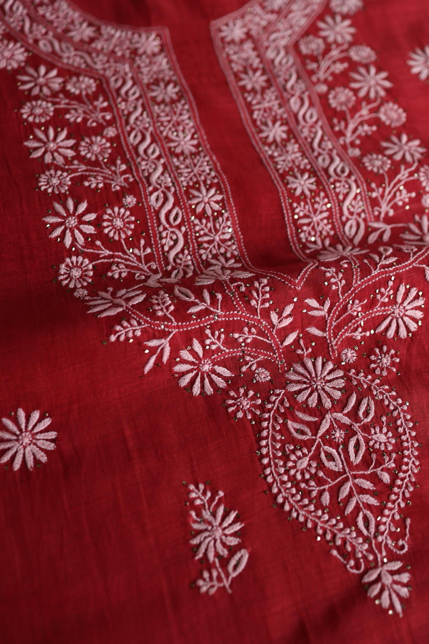 Persian Red Shade Mal Cotton Fine Chikankari Unstitched Fabric