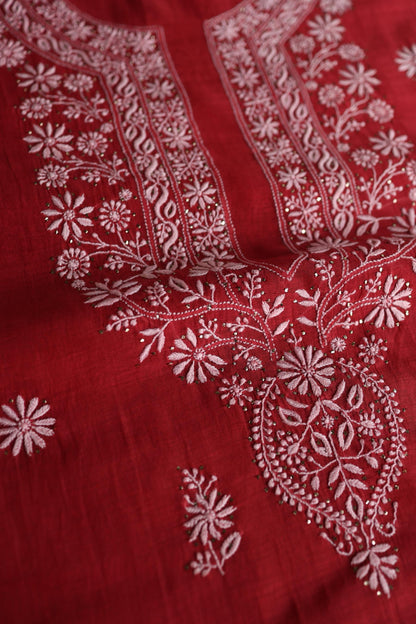 Persian Red Shade Mal Cotton Fine Chikankari Unstitched Fabric