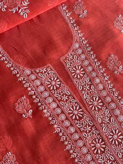 Persian Red Shade Mal Cotton Fine Chikankari Unstitched Fabric