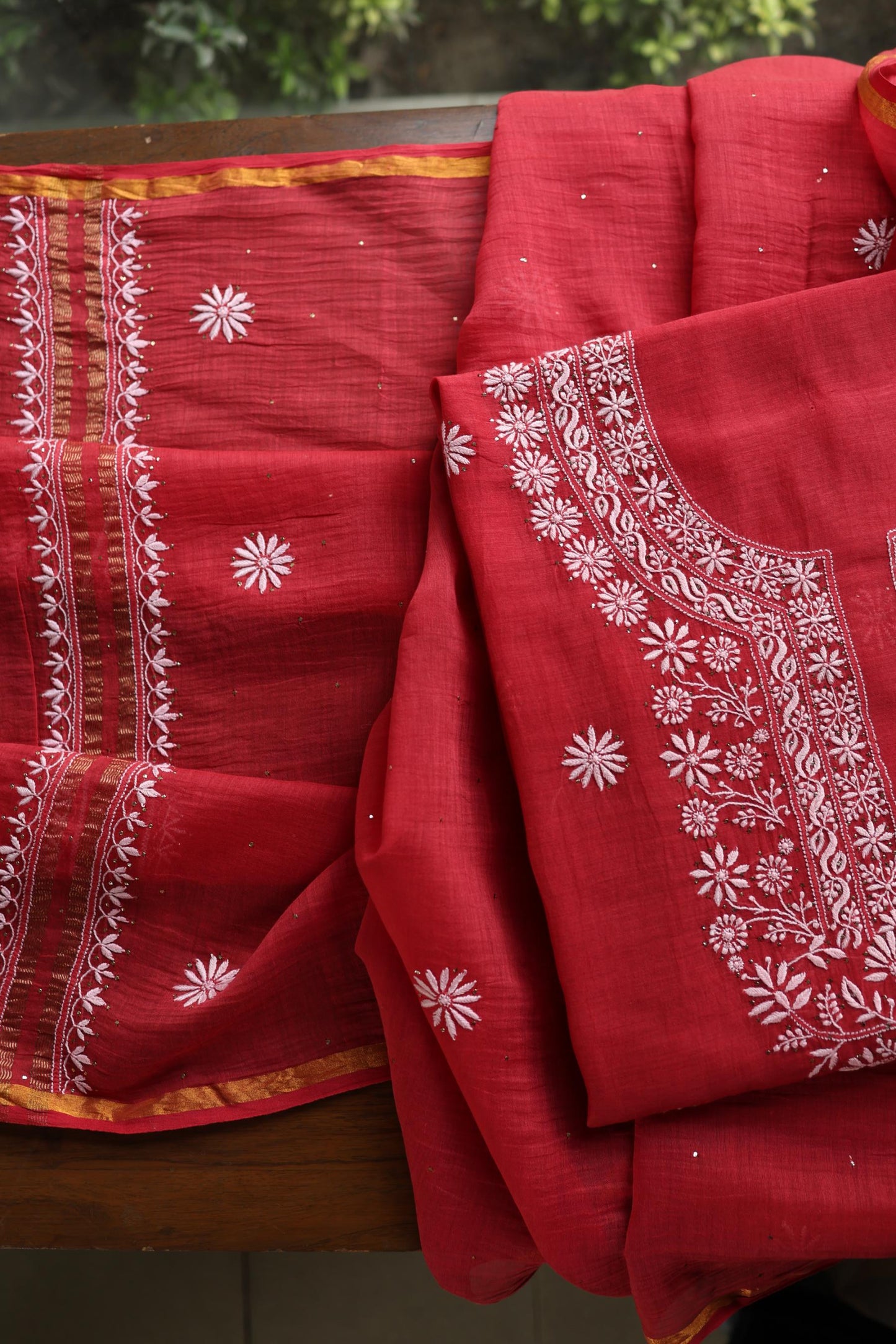 Persian Red Shade Mal Cotton Fine Chikankari Unstitched Fabric