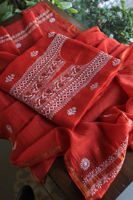 Persian Red Shade Mal Cotton Fine Chikankari With Kamdani Work Unstitched Fabric