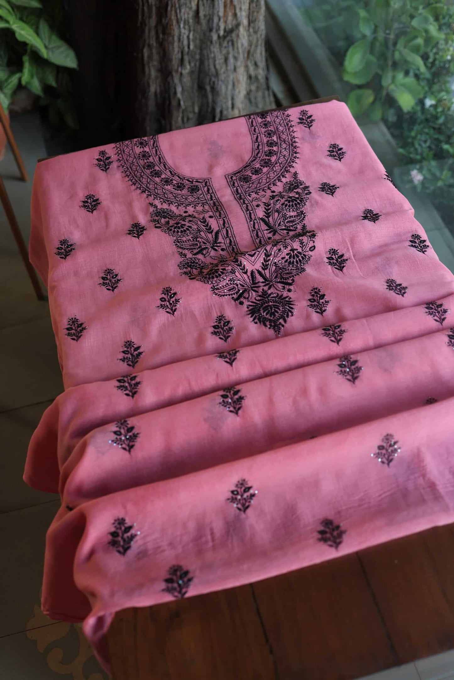 Pink & Black Mal Cotton Chikankari Unstitched Kurta Dupatta Fabrics With Kamdani