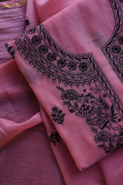 Pink & Black Mal Cotton Chikankari Unstitched Kurta Dupatta Fabrics With Kamdani