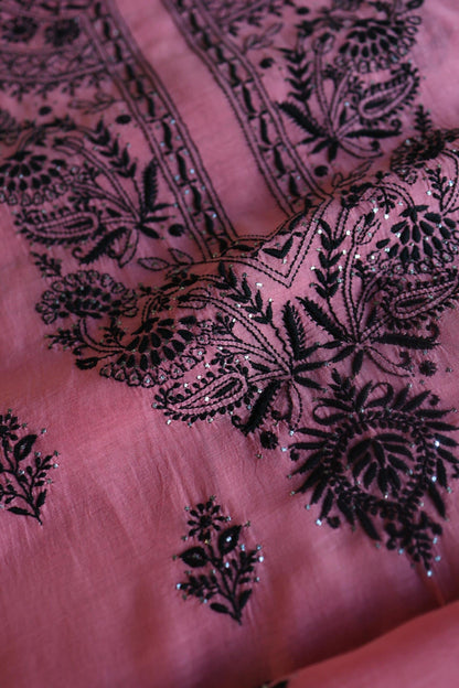Pink & Black Mal Cotton Chikankari Unstitched Kurta Dupatta Fabrics With Kamdani
