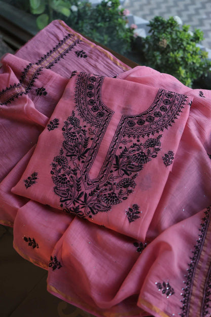 Pink & Black Mal Cotton Chikankari Unstitched Kurta Dupatta Fabrics With Kamdani