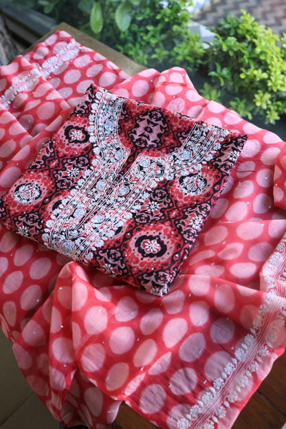 Pink & Black Soft Cotton Printed Unstitched Kurta Dupatta Set with Chikankari & Sequin Work