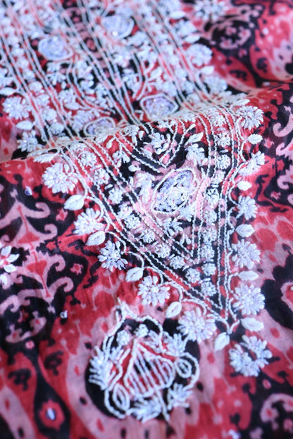 Pink & Black Soft Cotton Printed Unstitched Kurta Dupatta Set with Chikankari & Sequin Work