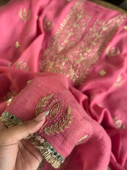 Pink Handloom Kota Chikankari With Mirror Work Unstitched Kurta Dupatta Set