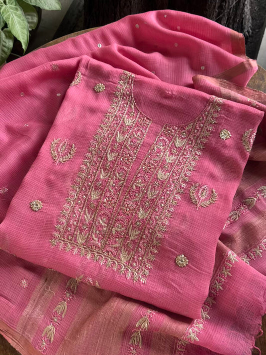 Pink Handloom Kota Chikankari With Mirror Work Unstitched Kurta Dupatta Set