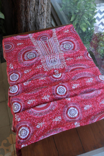 Pink Muslin Chikankari Unstitched Kurta Fabric