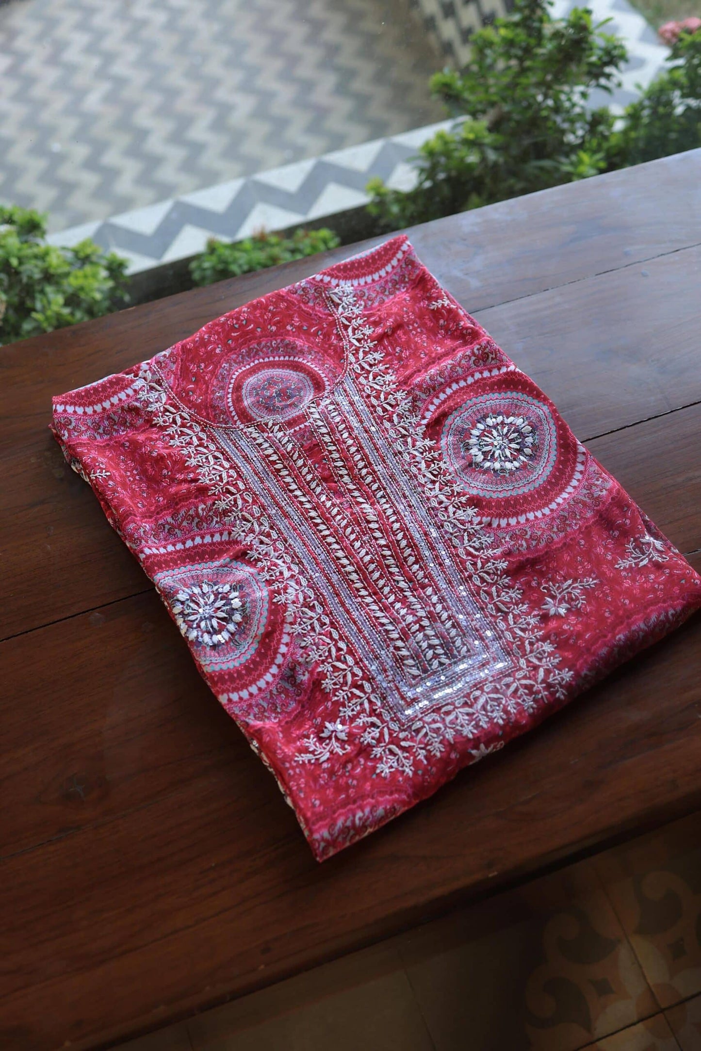 Pink Muslin Chikankari Unstitched Kurta Fabric