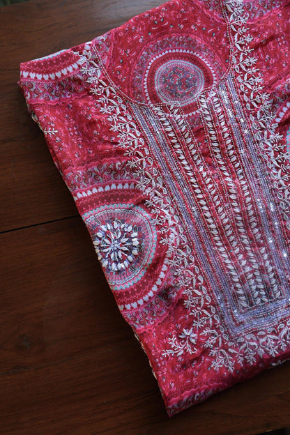 Pink Muslin Chikankari Unstitched Kurta Fabric