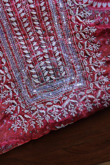 Pink Muslin Chikankari Unstitched Kurta Fabric