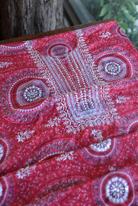Pink Muslin Chikankari Unstitched Kurta Fabric