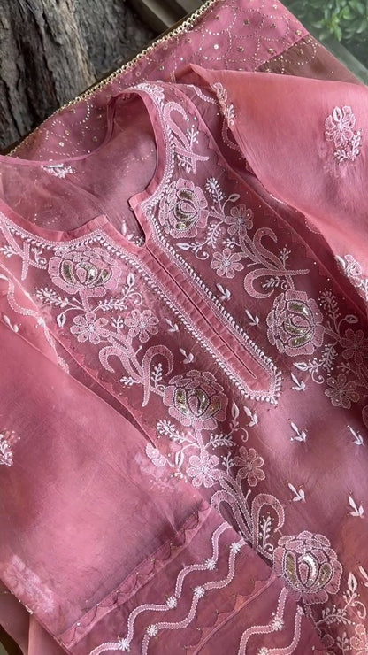 Pink Noor Organza Rose Motifs Applique Chikankari Mukaish Kurta Dupatta Set