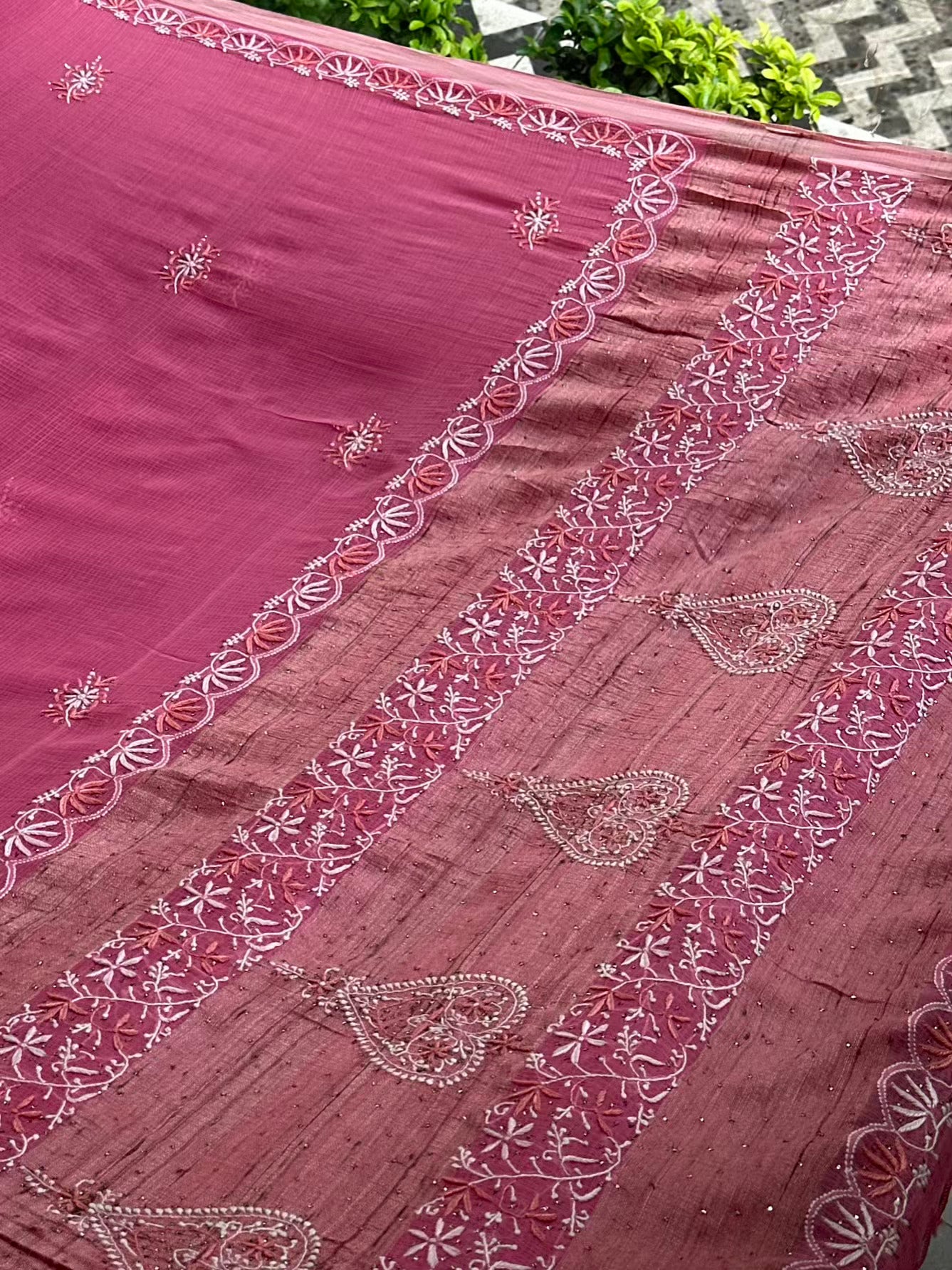 Pink Silk Gheecha Palla Kota Chikankari Saree With Mukaish Kamdani