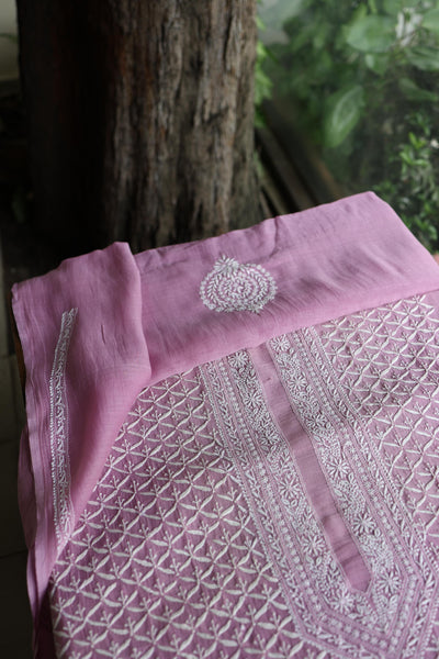 Pink All Over Chikankari Malmal Unstitched Men's Kurtas Fabric