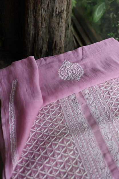 Pink All Over Chikankari Malmal Unstitched Men's Kurtas Fabric