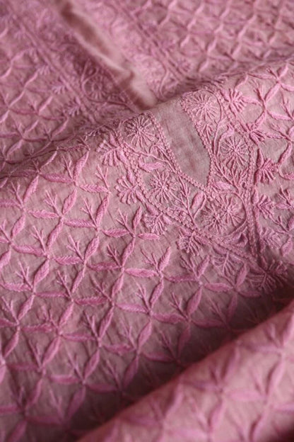 Pink All Over Chikankari Malmal Unstitched Men's Kurtas Fabric