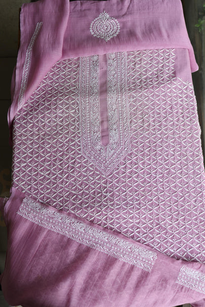 Pink All Over Chikankari Malmal Unstitched Men's Kurtas Fabric