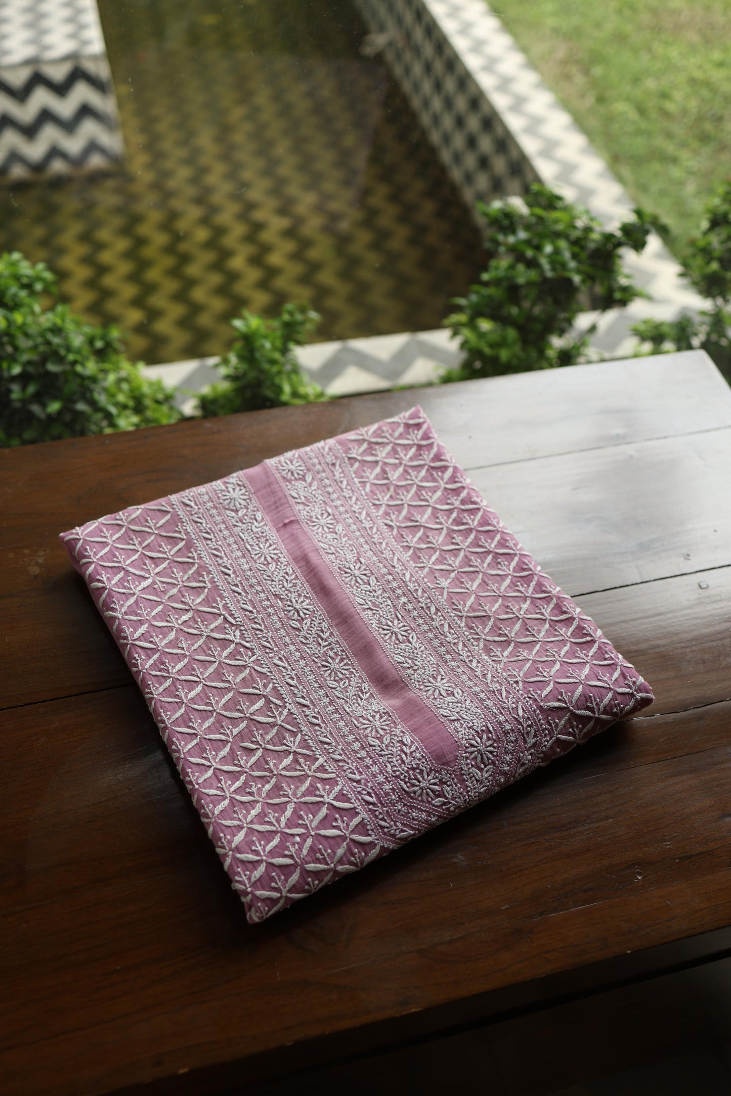 Pink All Over Chikankari Malmal Unstitched Men's Kurtas Fabric