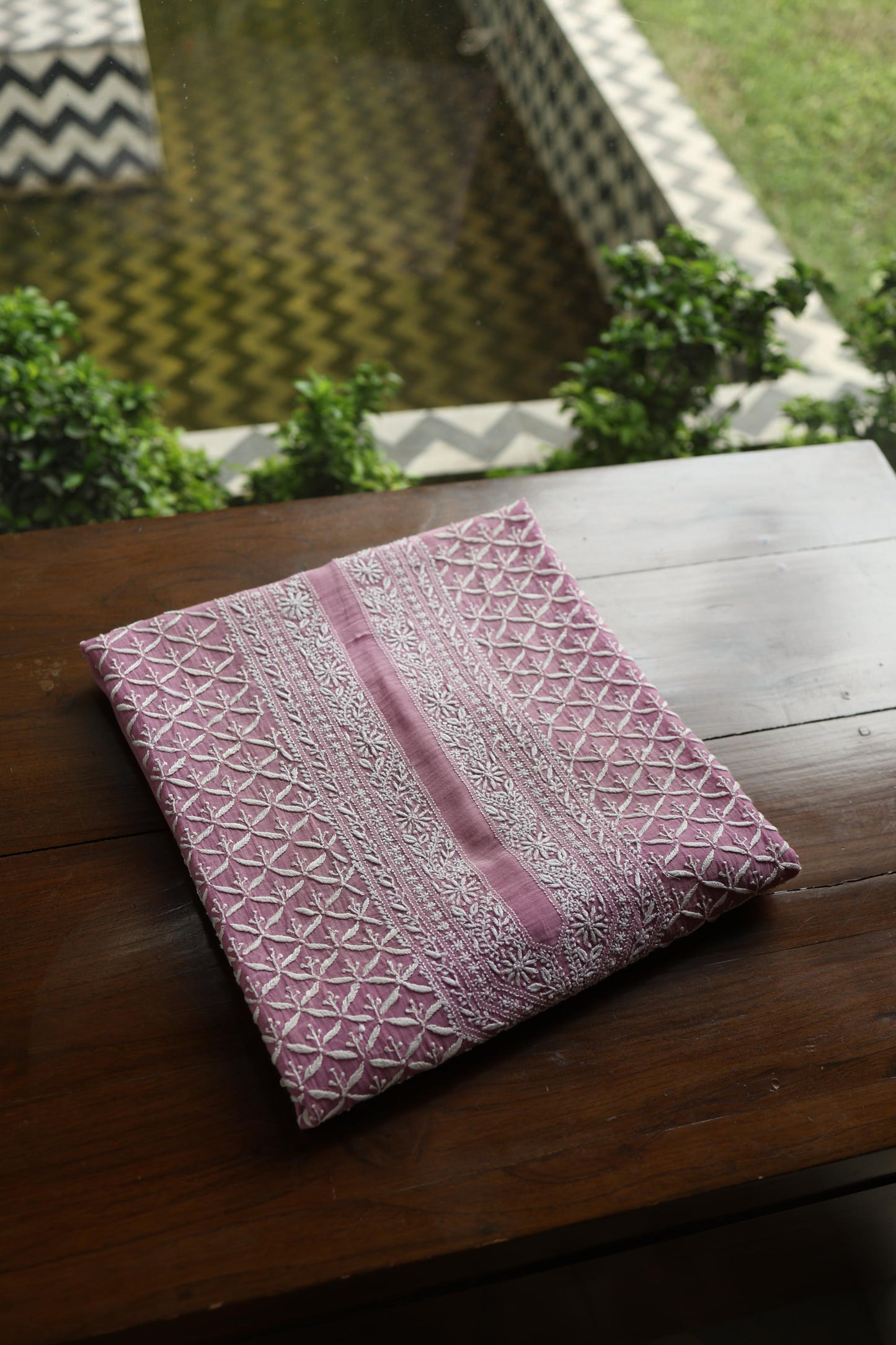 Pink All Over Chikankari Malmal Unstitched Men's Kurtas Fabric