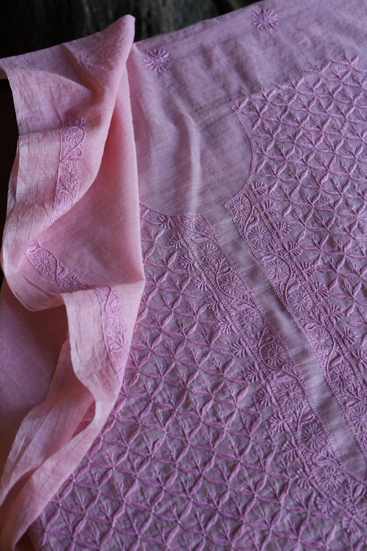 Pink All Over Chikankari Malmal Unstitched Men's Kurtas Fabric