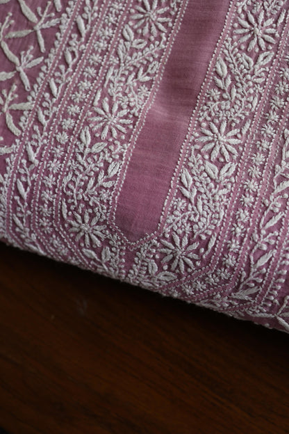 Pink All Over Chikankari Malmal Unstitched Men's Kurtas Fabric