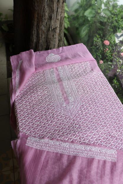 Pink All Over Chikankari Malmal Unstitched Men's Kurtas Fabric