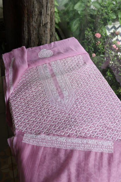 Pink All Over Chikankari Malmal Unstitched Men's Kurtas Fabric