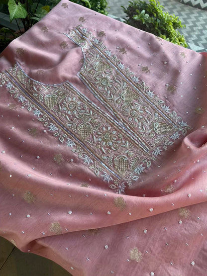 Pink Banarasi Zari Chanderi Chikankari Unstitched Kurta Dupatta Fabric Set