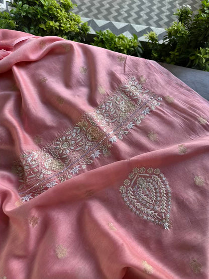 Pink Banarasi Zari Chanderi Chikankari Unstitched Kurta Dupatta Fabric Set