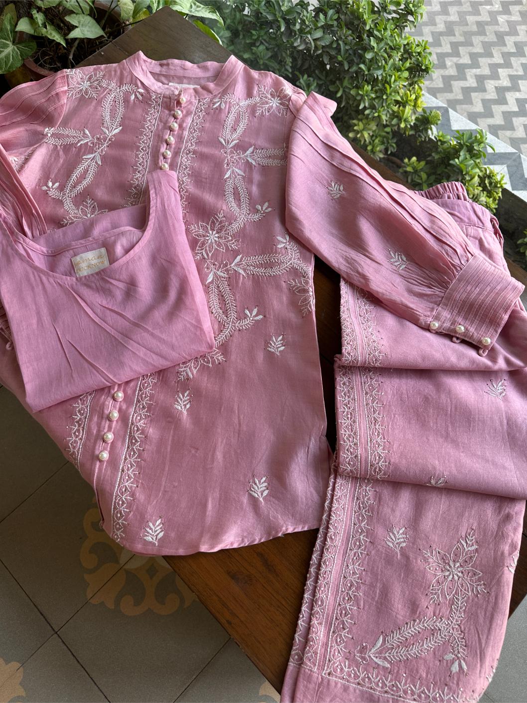Pink Chanderi Chikankari Co-Ord Set