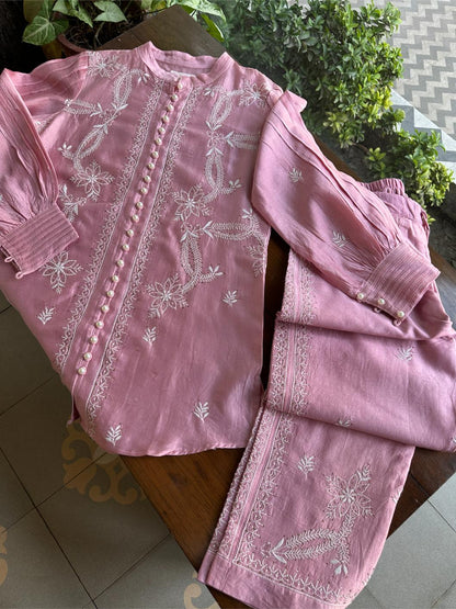 Pink Chanderi Chikankari Co-Ord Set