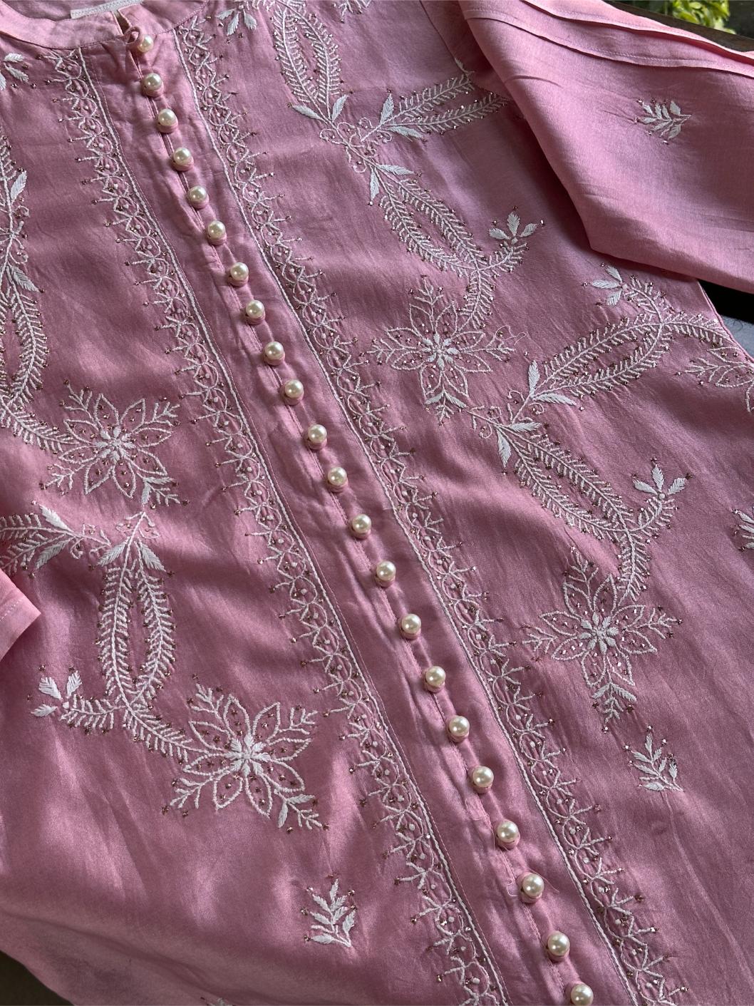 Pink Chanderi Chikankari Co-Ord Set