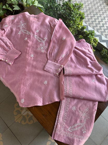 Pink Chanderi Chikankari Co-Ord Set
