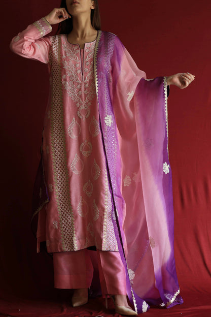 Pink Chanderi Daraz Applique Chikankari Mukaish Kurta Dupatta Set