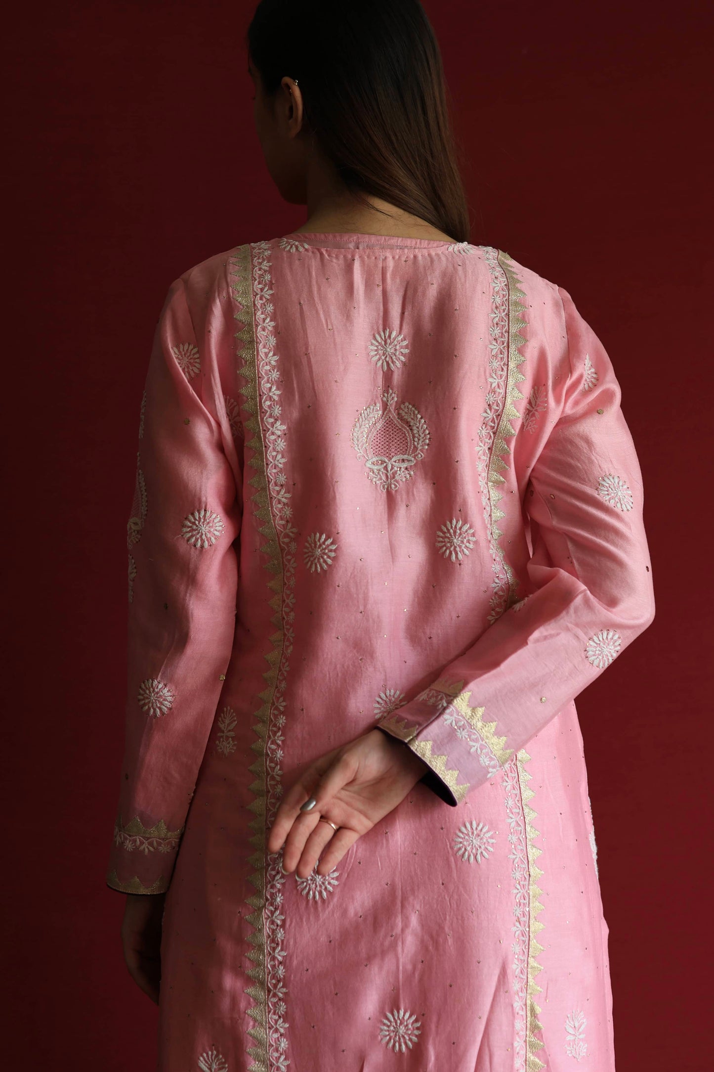 Pink Chanderi Daraz Applique Chikankari Mukaish Kurta Dupatta Set