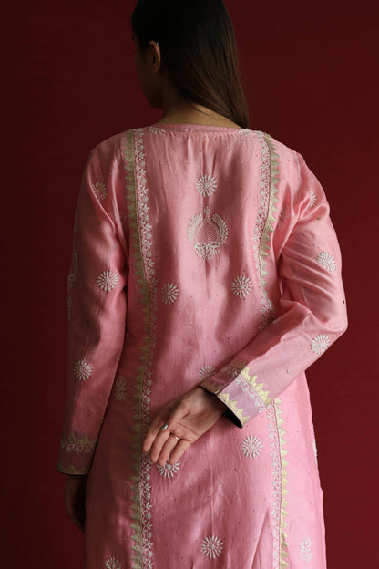 Pink Chanderi Daraz Applique Chikankari Mukaish Kurta Dupatta Set