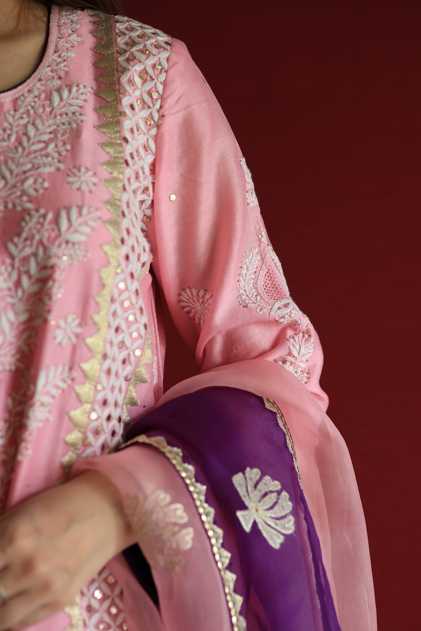 Pink Chanderi Daraz Applique Chikankari Mukaish Kurta Dupatta Set