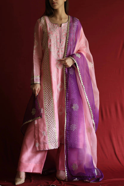 Pink Chanderi Daraz Applique Chikankari Mukaish Kurta Dupatta Set