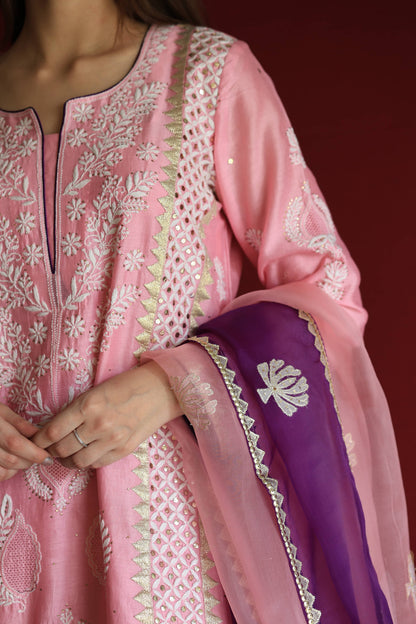 Pink Chanderi Daraz Applique Chikankari Mukaish Kurta Dupatta Set