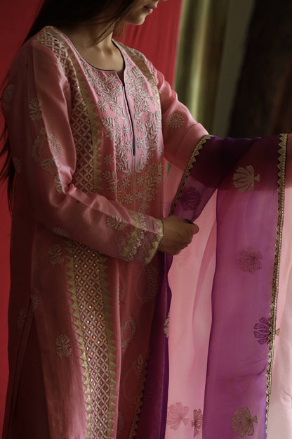 Pink Chanderi Daraz Applique Chikankari Mukaish Kurta Dupatta Set