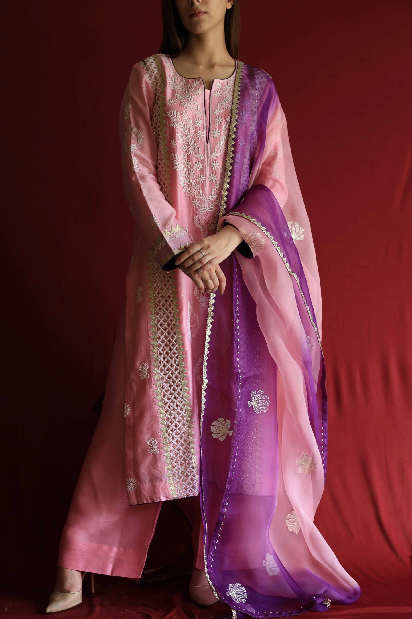 Pink Chanderi Daraz Applique Chikankari Mukaish Kurta Dupatta Set