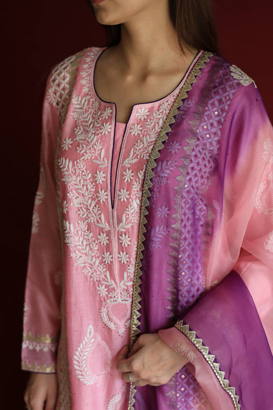Pink Chanderi Daraz Applique Chikankari Mukaish Kurta Dupatta Set