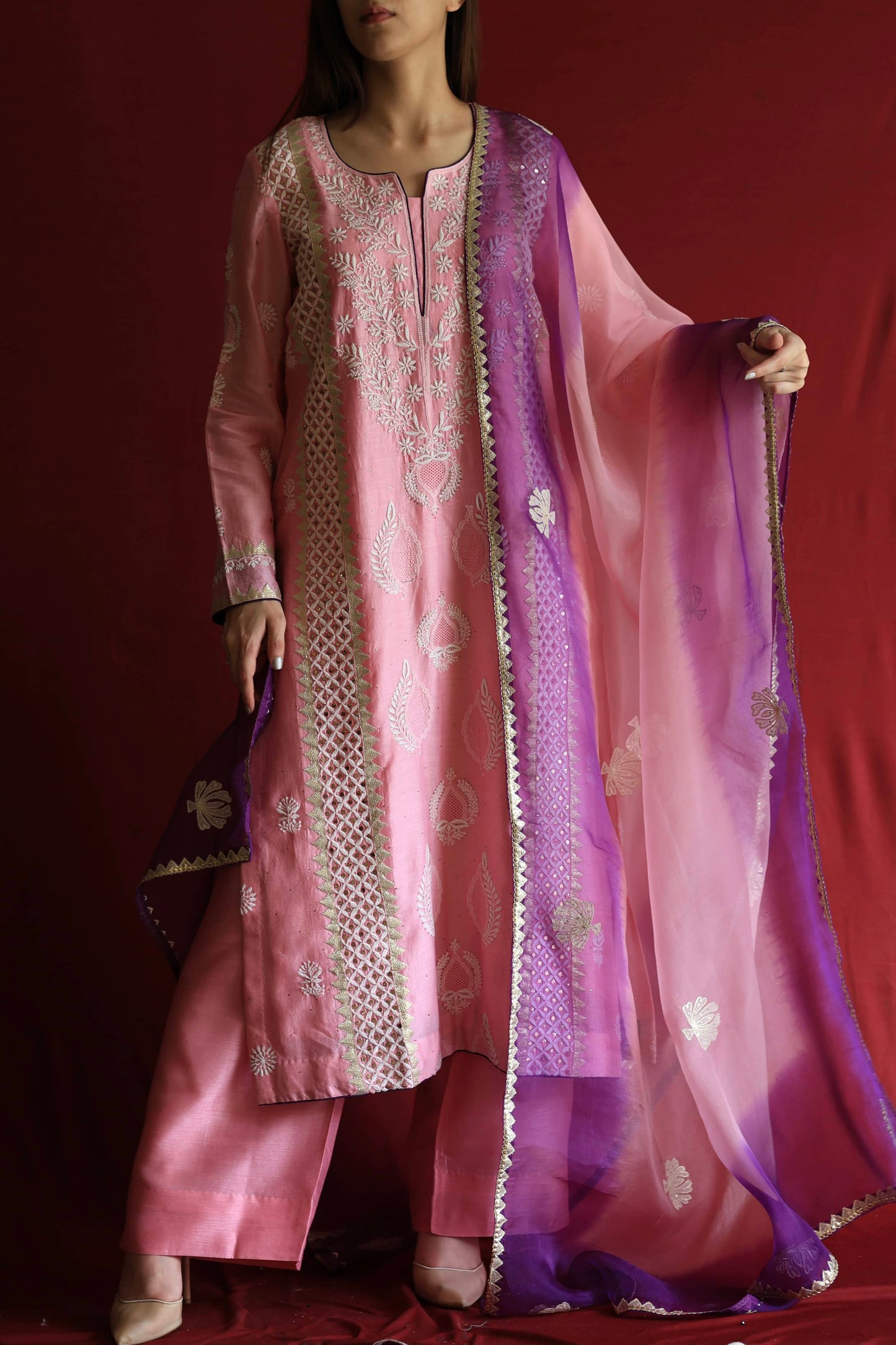 Pink Chanderi Daraz Applique Chikankari Mukaish Kurta Dupatta Set