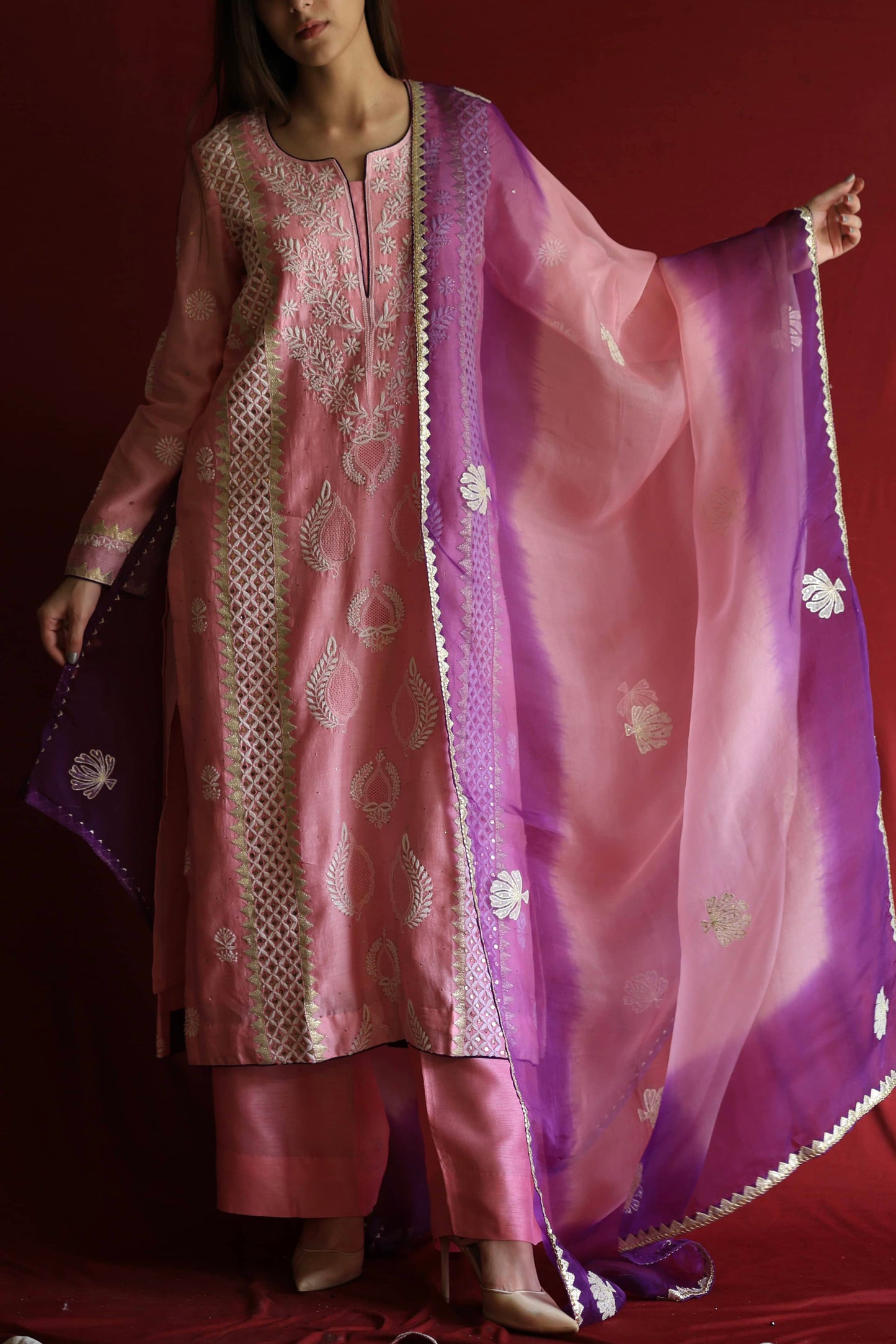 Pink Chanderi Daraz Applique Chikankari Mukaish Kurta Dupatta Set