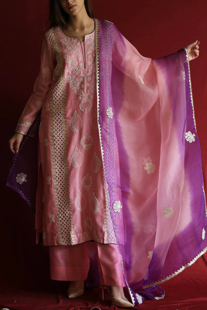 Pink Chanderi Daraz Applique Chikankari Mukaish Kurta Dupatta Set